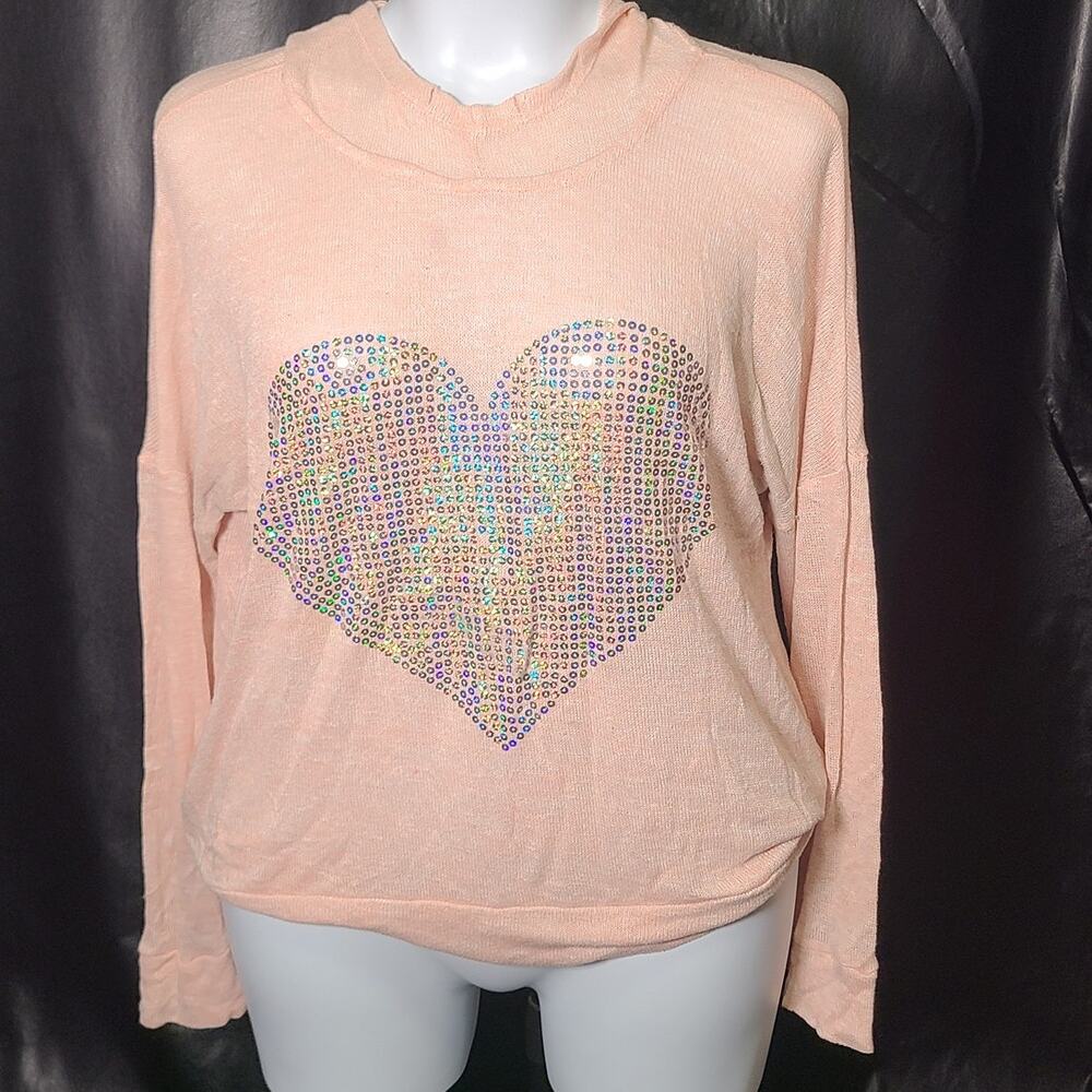 No boundaries pink knit oversize hooded sweater holographic sequin heart size L